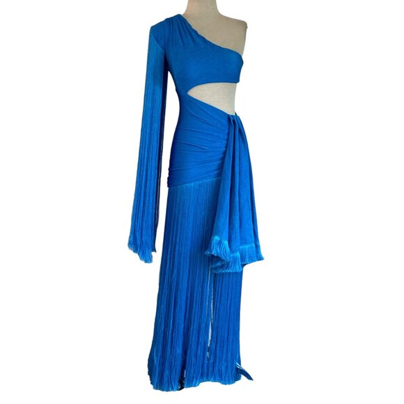PatBO One Shoulder Fringe Maxi Dress in Cobalt Blue 2 New Womens Long Gown - Picture 4 of 16
